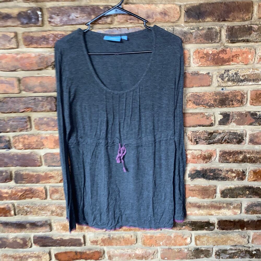 Simply Vera Wang Gray Purple Trim Tie Waist Long Sleeve Top Women's Size Small